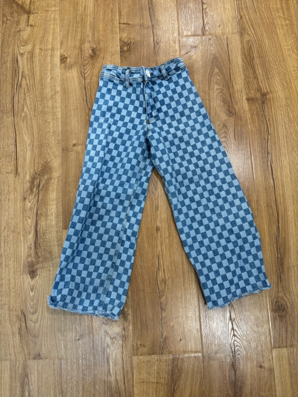 Zara Wide Leg Raw Hem Checkered Jeans